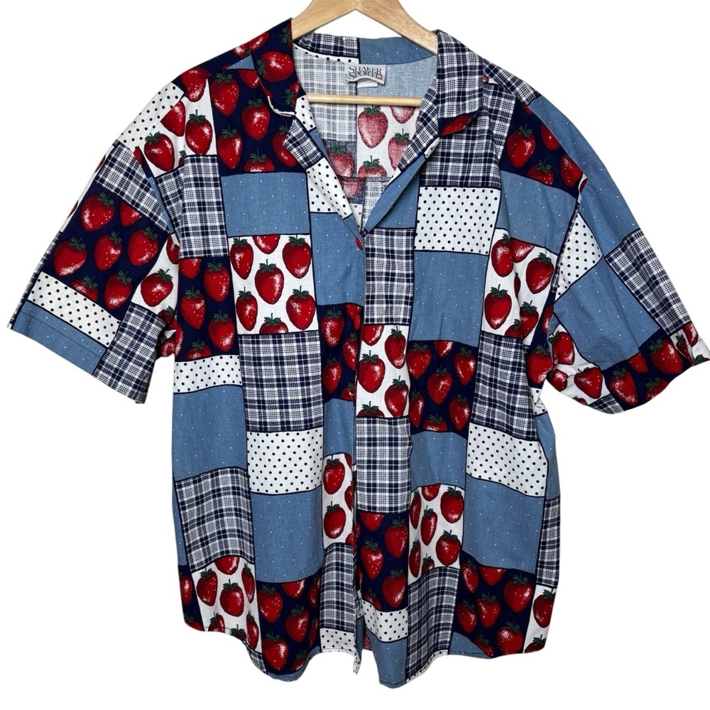 Vintage Strawberry Button Down Top Blouse Women 26W Plus Country Cotton Cottage